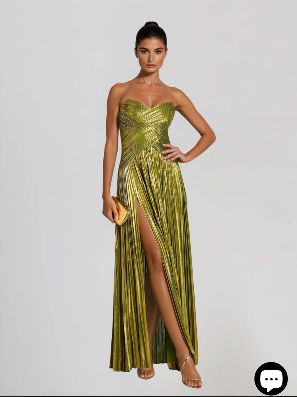 Strapless Metallic Olive-Green Evening Gown with High Slit
